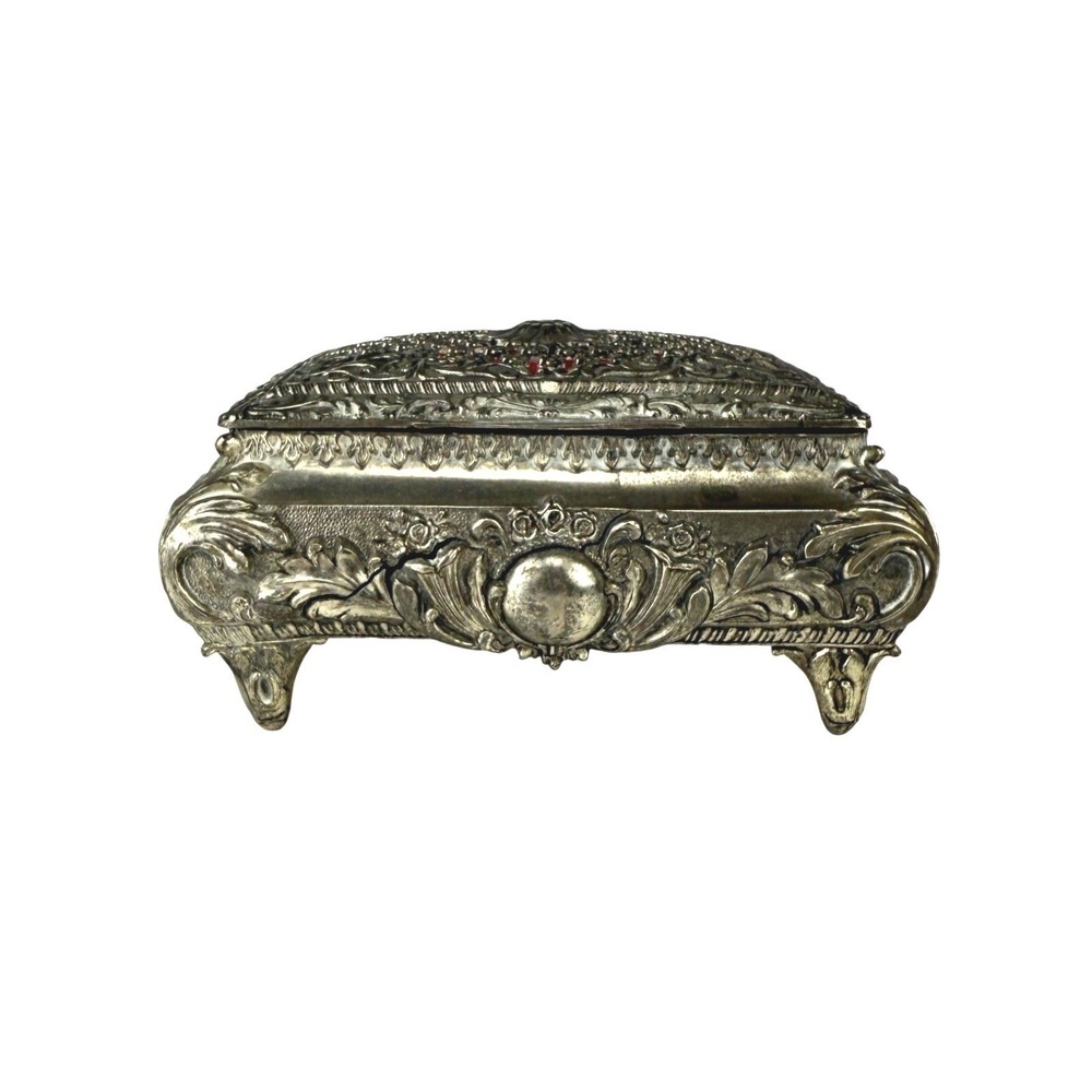 Vintage Ornate Silver Tone Filigree Jewelry Box Red Velvet Lining Footed Casket
